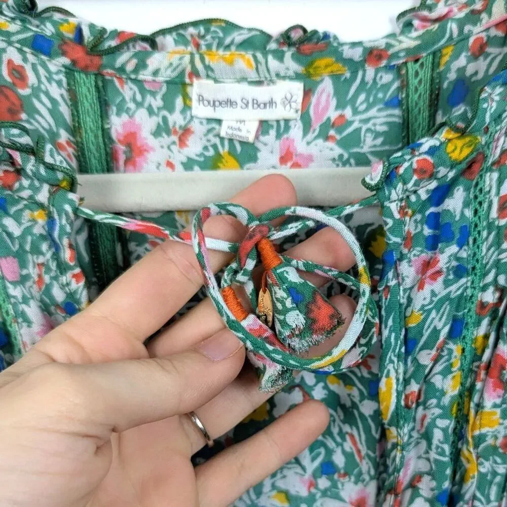 Poupette St Barth | Green Floral Sleeveless Keyhole Mini Dress Tassel Size Mediu